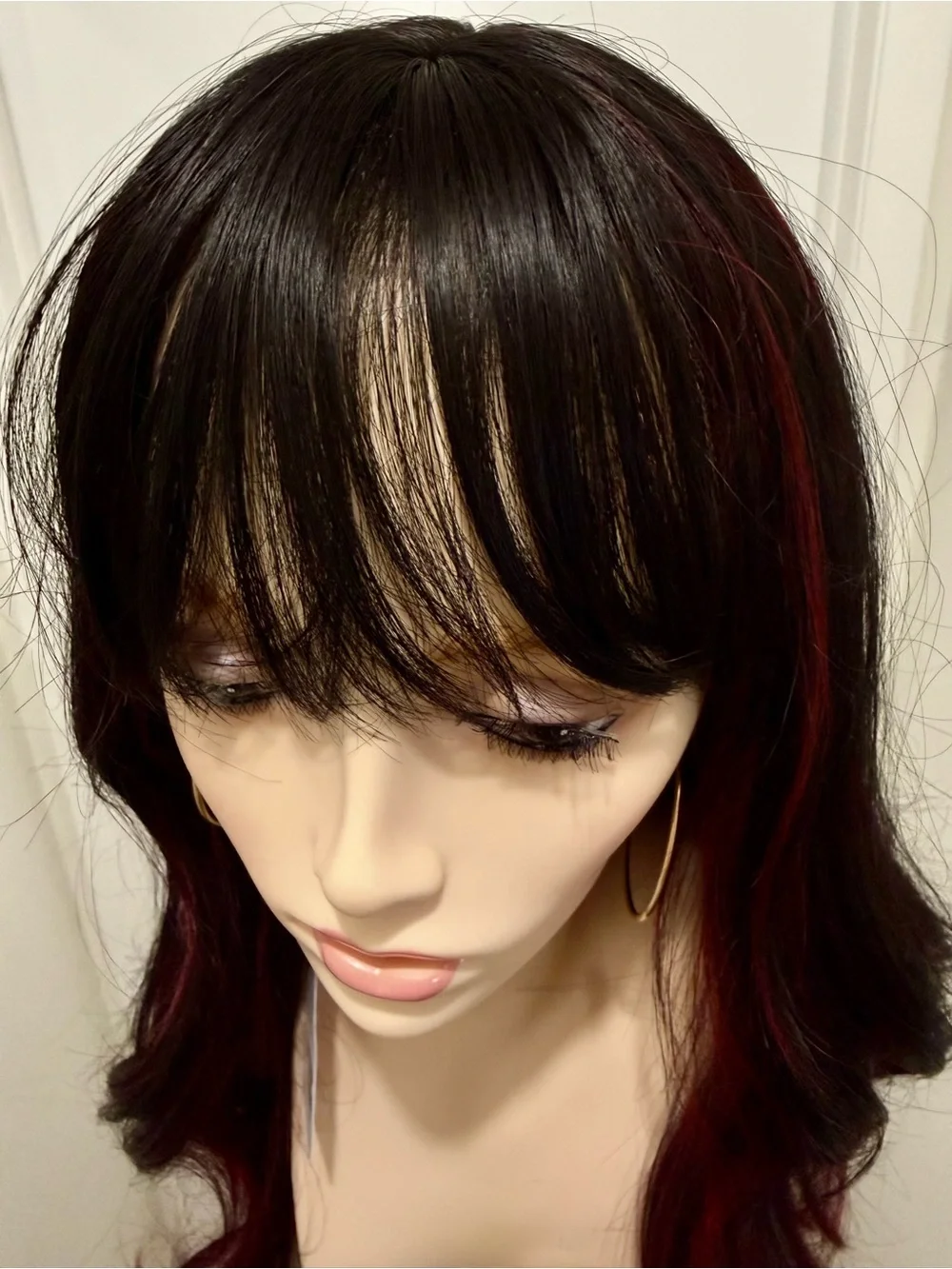 HAIR 25” Wavy Long Layers with Bangs Black Burgundy/Red Highlights